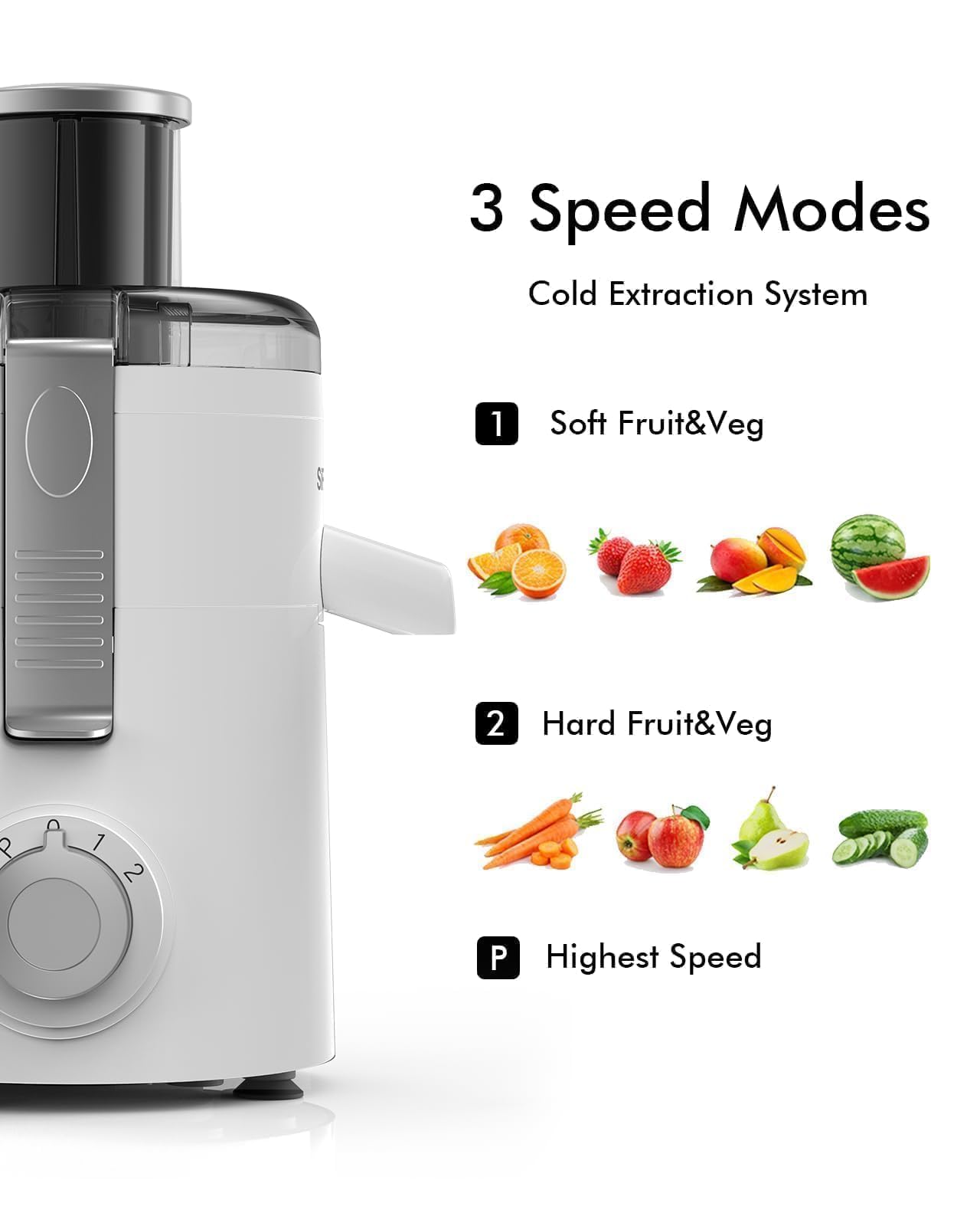 SiFENE Compact Juicer Machines, Centrifugal Juice Extractor for Fresh Fruit & Vegetable Juice, 3-Speed Settings, BPA-Free, User-Friendly & Easy Clean-up, White