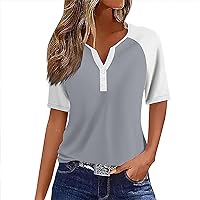 Women's T-Shirts Dressy Button Down Tunic Y2K Tops Short Sleeve Patchwork Blouses Henley V Neck Summer Cute Clothes