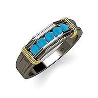 Round Turquoise 1/3 ctw 5 Stone Men Wedding Ring in Black Rhodium Plated 14K Gold