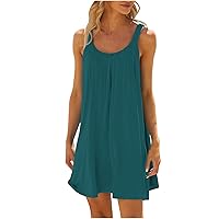 Women Summer Casual T Shirt Dresses Beach Cover Up Plain Pleated Tank Dress Sleeveless Swing Sundresses Flowy Dress