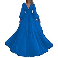 A-Line/Princess Sweep Brush Train Prom Dress V-Neck Chiffon Ruffles Formal Dress 2023