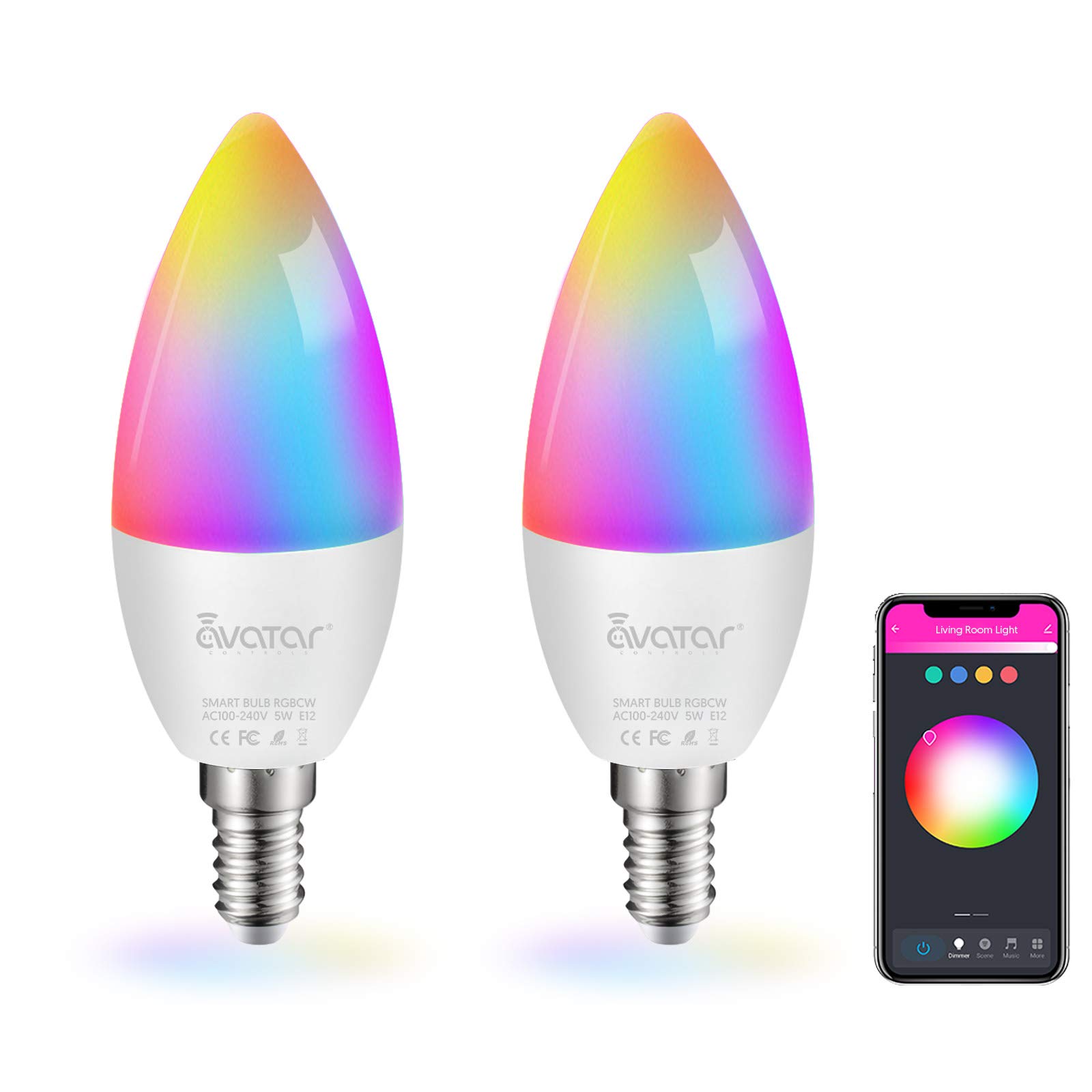 2 Pack E12 LED Light Bulb Work w/ Google Siri Alexa Light Bulb 5W Type B Smart Bulb RGBCW 16 Million Color Changing Light Bulb 2.4G WiFi B11 Candelabra Bombillos Work w/ Smart Life AvatarControls APP