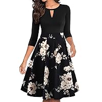 YATHON Women's Vintage Floral Flared A-Line Swing Casual Party Dresses with Pockets