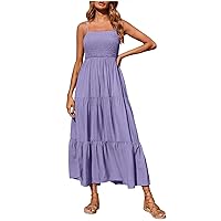 Women Summer Dresses Square Neck Spaghetti Strap Maxi Dress Casual Smocked Sundress A Line Tiered Beach Dress (X-Large, Purple)