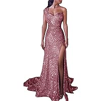 Women's Lace Long Formal Party Dress One-Shoulder Bronzing Womens Side Cutout Padded Shoulder Evening Party Dress