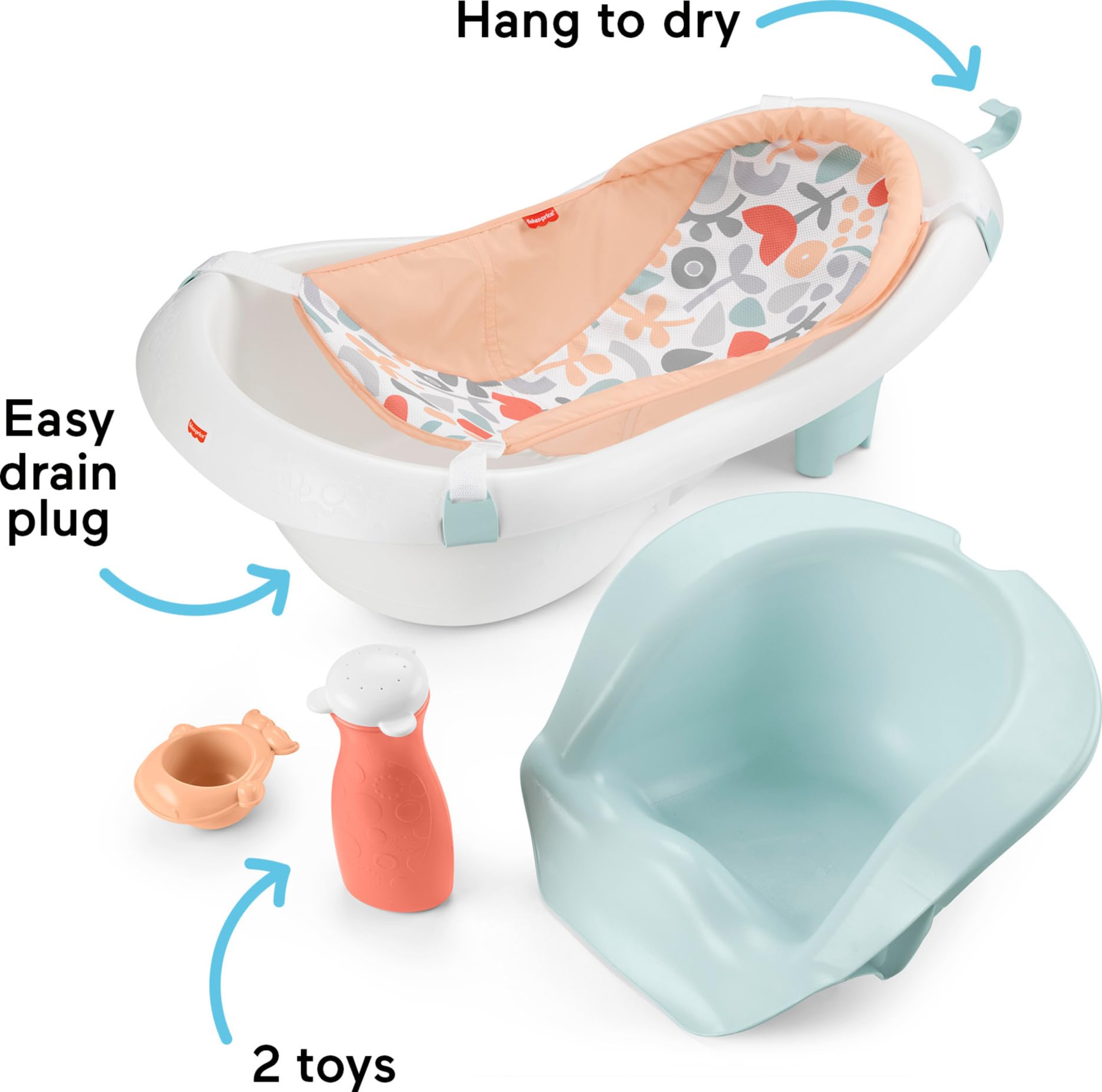 Fisher-Price Baby Bath Tub for Newborn to Toddler with Baby Seat & Bath Toys, 4-in-1 Sling 'n Seat, Summer Blossoms