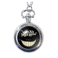 Joyplancraft Steampunk We're All Mad Here Glass Dome Pocket Watch Necklace Big Mouth with Smiling Face Cheshire Cat Necklace