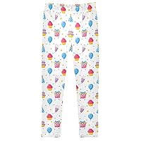 Birthday Cake Balloon Print Girl's Leggings Soft Ankle Length Active Stretch Pants Bottoms 4-10 Years