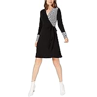 Womens Mixed-Media Faux-Wrap A-Line Dress