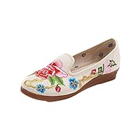 Women and Ladies Embroidery Cottonrose Hibiscus Slip-on Loafers Flat Shoe