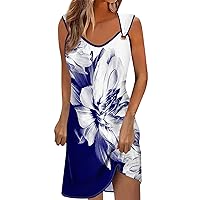 Slacking Beach Openback Tank Ladie's Sleeveless Summer Comfort Cotton Tunic Dress for Women Print Scoop Neck Blue S