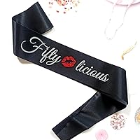 Fiftylicious Sash, Cincuentanera 50th Birthday Party Accessory, 50 and Fabulous Birthday Girl, Fifty AF Glitter Sash, Mid-Life Crisis Decorations and Supplies (Black & Silver)