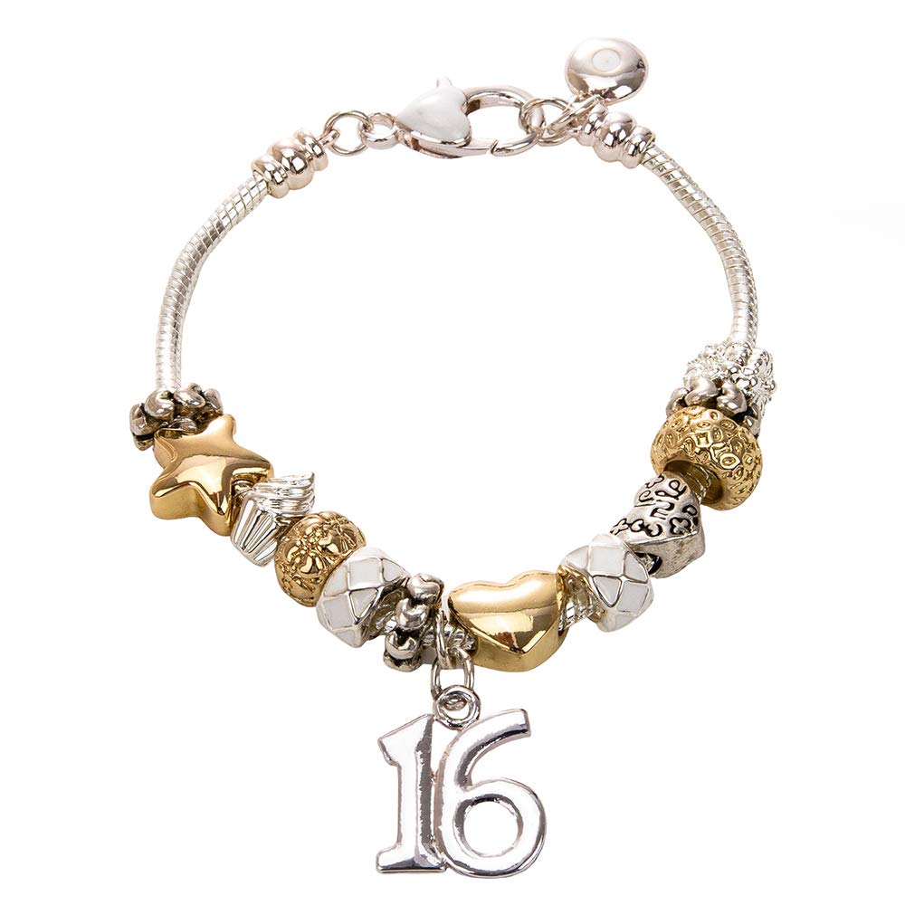 Haysom Interiors Lovely 16th Birthday Silver Plated Charm Bracelet with Hearts, Stars and Rings - Perfect Sweet 16 Gift Idea