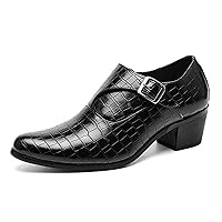 Men's Stone Pattern Chunky Heel Monk Strap Loafers Fashion Classic Pointed Toe Slip On Low Top Chelsea Business Dress Oxford Shoes