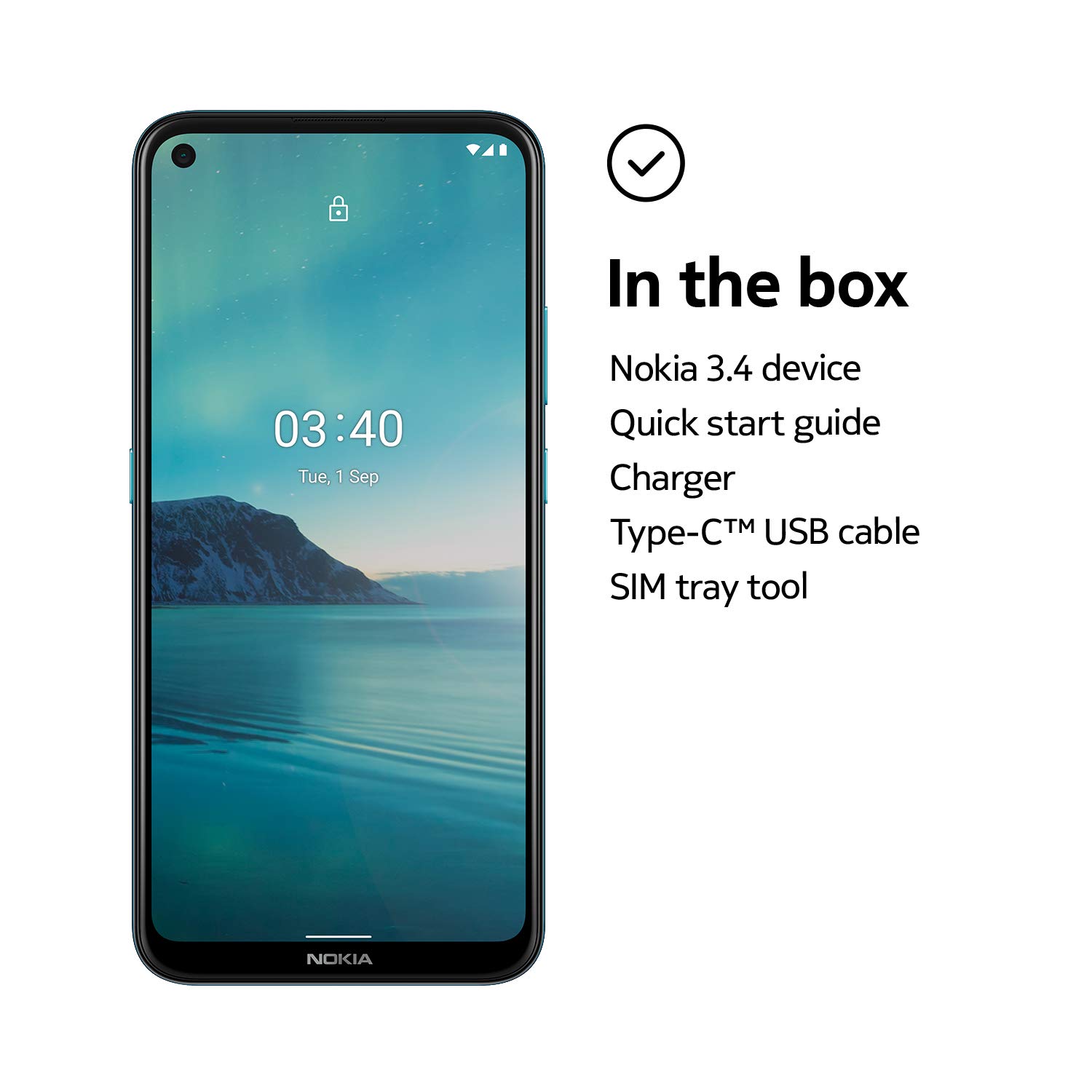 Nokia 3.4 | Android 10 | Unlocked Smartphone | 2-Day Battery | US Version | 3/64GB | 6.39-Inch Screen | Triple Camera | Fjord Blue