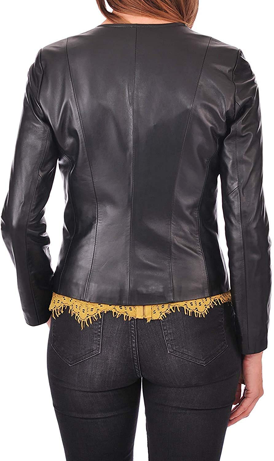 100% Leather Jacket for Women - Collarless Deep Neck & Slim Fit - Moto, Bomber, Biker Winter Casual Wear