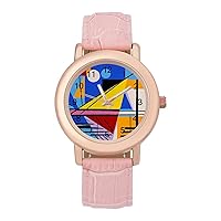 Colorful Abstract Women's Watches Classic Quartz Watch with Leather Strap Easy to Read Wrist Watch