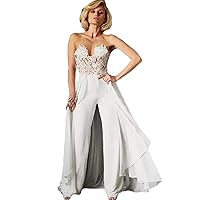 Wedding Jumpsuit with Detachable Train Illusion Bodice Lace Chiffon Beach Bridal Gowns