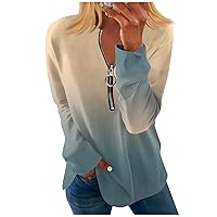 Fall Tops, Women's Zipper Round Neck Tops Cotton Blouses Casual Fashion Shirt Tops Women's Casual Long Sleeve Tops