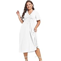 LALAGEN Womens Plus Size Boho Summer Midi Dress 2024 Flutter Short Sleeve Drawstring V Neck Flowy Beach Long Dress White 5X