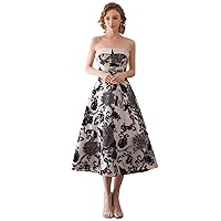 A-Line Elegant Cocktail Dress Black Print Strapless Tea Length Homecoming Dress with Sash 2024 HF035