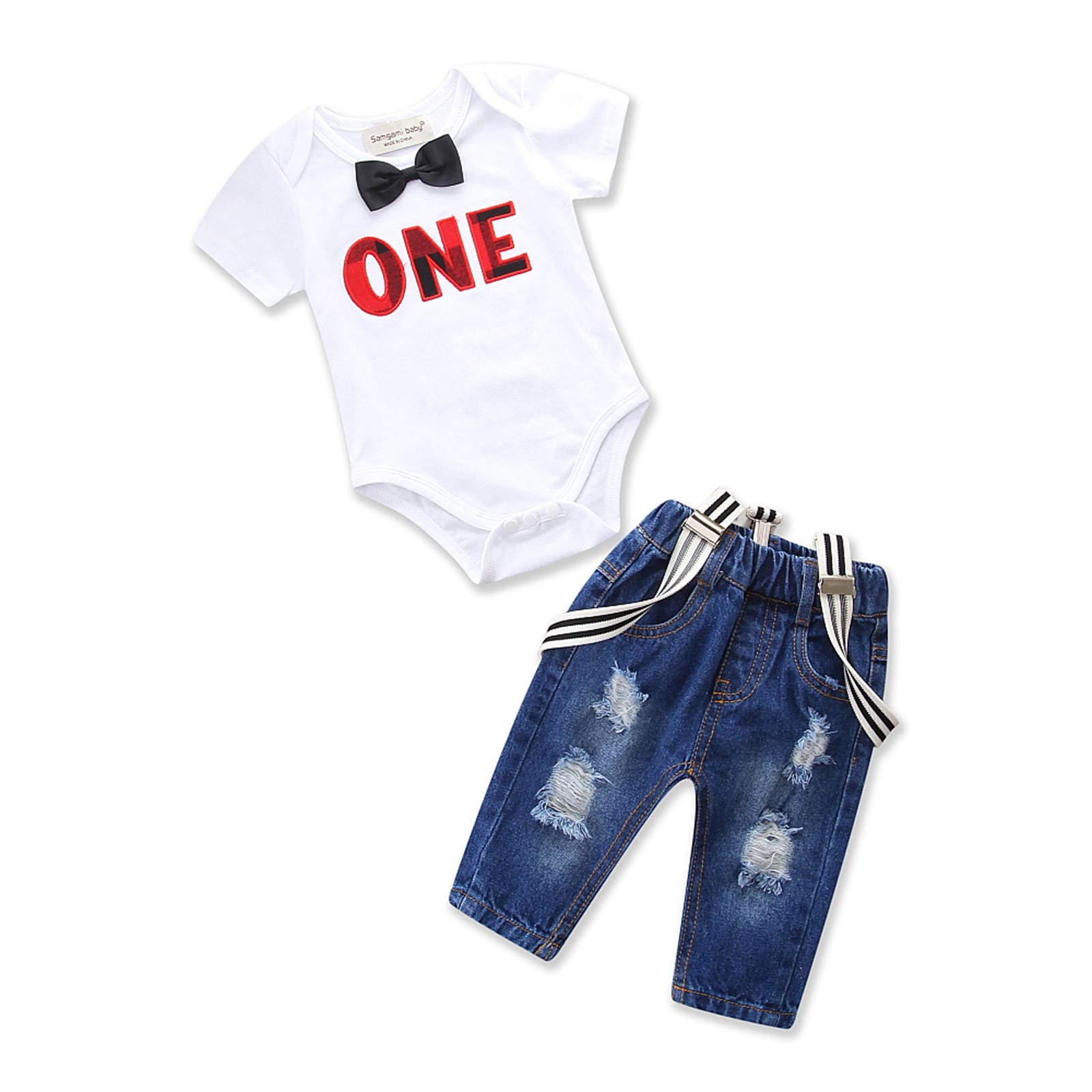 Pinleck Toddler Baby Boy Birthday Clothes Set Bowtie Romper Suspenders Ripped Denim Pants Outfits