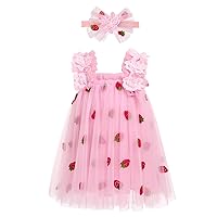 IMEKIS Toddler Baby Girl Birthday Dress with Headband Strawberry Butterfly Tulle Tutu Outfit Cake Smash Photo Shoot