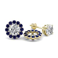 Round Blue Sapphire 0.57 ctw Halo Jackets for Stud Earrings in 14K Yellow Gold