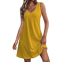 Dresses for Women 2024 Beach Vacation Summer Casual Solid Color Boho T-Shirts Sundress V Neck Tank Dress with Pockets