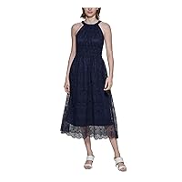 Calvin Klein Womens Lace Halter Midi Dress Navy 14