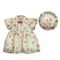 Toddler Girls Child Fly Sleeve Strawberry Prints Summer Princess Dress Cheongsam Children's Dress Hat Flowers Baby