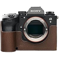 A9 III Camera Case, BMAOLLONGB Handmade Genuine Real Leather Half Camera Case Bag Cover for Sony A9 III Camera Bottom Opening Version + Hand Strap (Coffee)