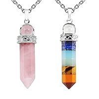 TUMBEELLUWA 2 PCS Healing Crystal Point Pendant Necklaces for Unisex Hexagonal Prism Stone Pendants with Chain