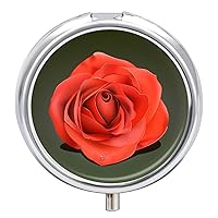 Round Pill Box Red Rose Flower Portable Pill Case Medicine Organizer Vitamin Holder Container with 3 Compartments