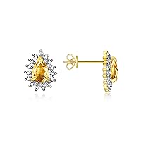 Yellow Gold Plated Sterling Silver Halo Stud Earrings - Pear Shape Citrine & Sparkling Diamonds - 6x4mm - November Birthstone Jewelry for Women & Girls, Elegant, Fashion, Gift, Anniversary, by Rylos