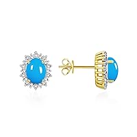 14K Yellow Gold Princess Diana Inspired Earrings - 8X6MM Oval Turquoise & Sparkling Diamonds - Exquisite Birthstone Jewelry for Women & Girls