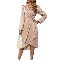 Women's Dress Lantern Sleeve Wrap Hem Satin Dress - Elegant V Neck Long Sleeve Midi Dress