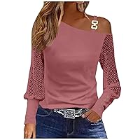 Long Sleeve Tops for Women Work Plus Size Fall Trendy Tee Shirt Lady Long Sleeve Plain Stretchy Lace T Shirt One Shoulder Camisole Baggy Shirts Women Pink White Shirts for Women XX-Large