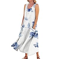 Linen Shirt Dress Summer Dresses for Women 2024 Print Elegant Casual Loose Fit Trendy with Sleeveless U Neck Maxi Flowy Dress White 4X-Large
