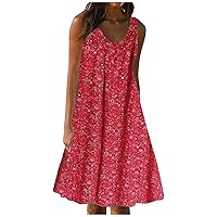 Summer Dresses for Women 2024 Swing Boho Floral Print Tank Sundresses A Line Sleeveless Beach Cover Up Dress (3X-Large, Red)