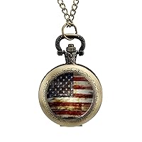 American Wooden Flag Pocket Watch Vintage Pendant Watches Necklace with Chain Gifts for Birthday