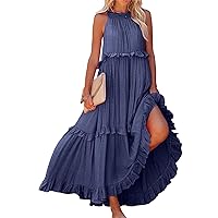 Womens Summer Sleeveless Dress Halter Tie Back Loose Flowy Ruffle Tiered Maxi Dress Beach Swing Long Dresses Sundress