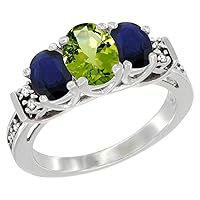 14K White Gold Natural Peridot & Quality Blue Sapphire 3-stone Mothers Ring Oval Diamond Accent, size5-10