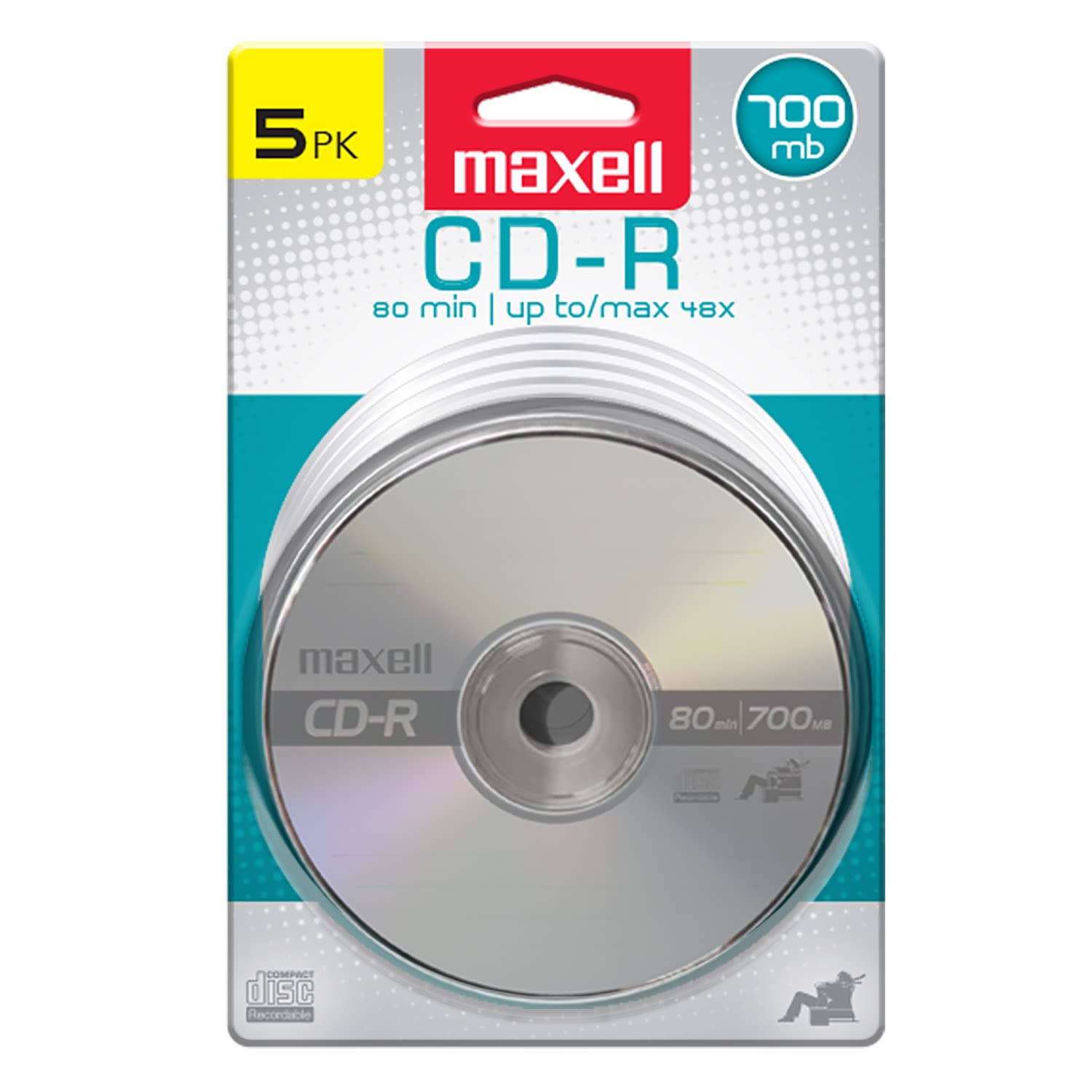 Maxell – 648220, Premium Quality Noise free Surface Playback Recordable CDs 700Mb Storage – 2x to 48x, Write Speed with 80 minutes - Blank CDs, CD Storage & Reusable Spindle Case Holder - 5 Pack