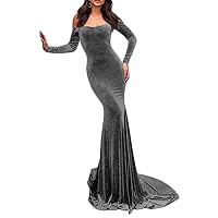 Velvet Off Shoulder Court Train Prom Dress Mermaid Evening Gown with Long Sleeves EV004E