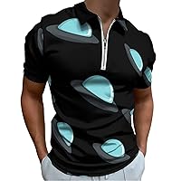 UFO Alion Spaceship Mens Polo Shirts Quick Dry Short Sleeve Zippered Workout T Shirt Tee Top