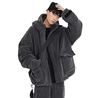 Oversized Sherpa Jacket for Winter - Dark Gray Fluffy Loose Casual Faux Lamb Fur Coat with Hood