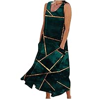 Linen Summer Dresses for Women, Casual Sleeveless Tank Dress 2023 Fashion Print Sundresses Loose Fit Pocket Dresses