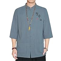 Chinese Wind Cotton and Linen Text Embroidery Men's Shirt Literary Retro Chinese Tang Suit Zen Tea Costume