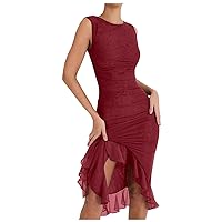 XJYIOEWT Satin Dress,2024 Summer Sexy Tight Round Neck Sleeveless Backless Pleated Dress Split Maxi Dress